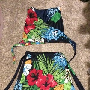 Tropical Resort wear 2 piece set - Floral on Navy - crossover top & wrap skirt